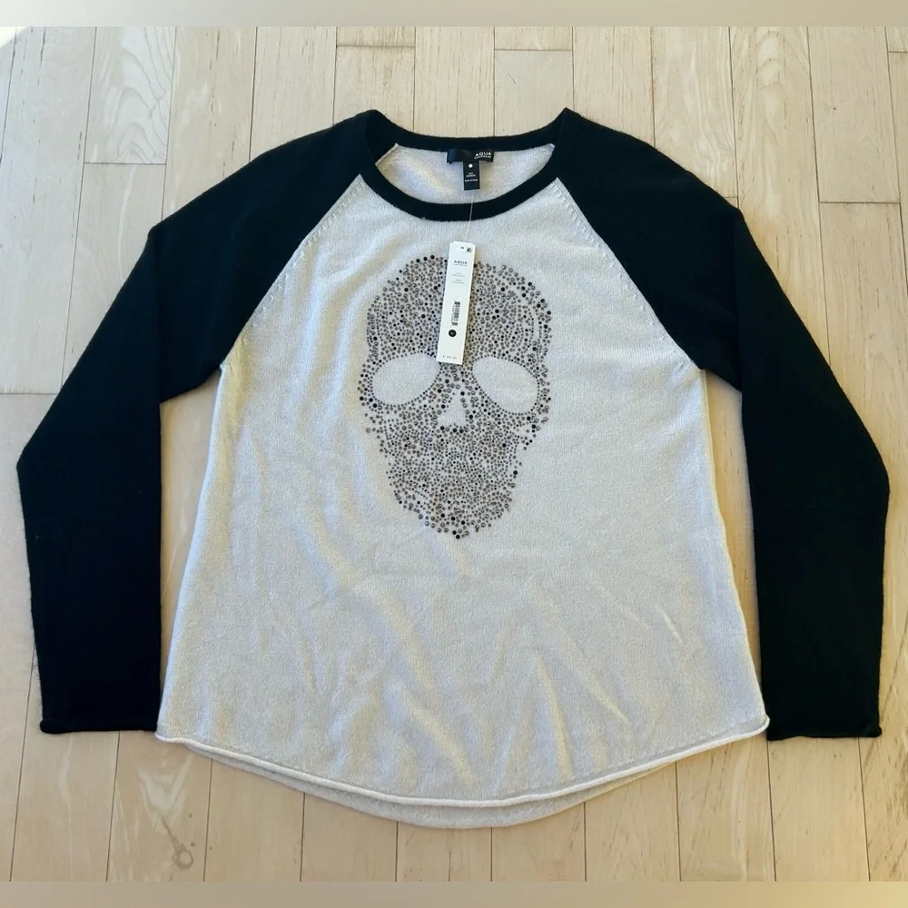 Aqua 100% Cashmere Embellished Skull Cashmere Baseball Style Sweater Large NWT